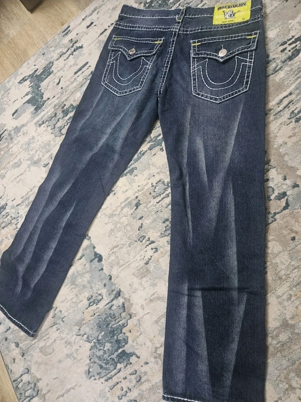 True Religion Men's Dark Indigo Bootcut Jeans with Contrast Stitching